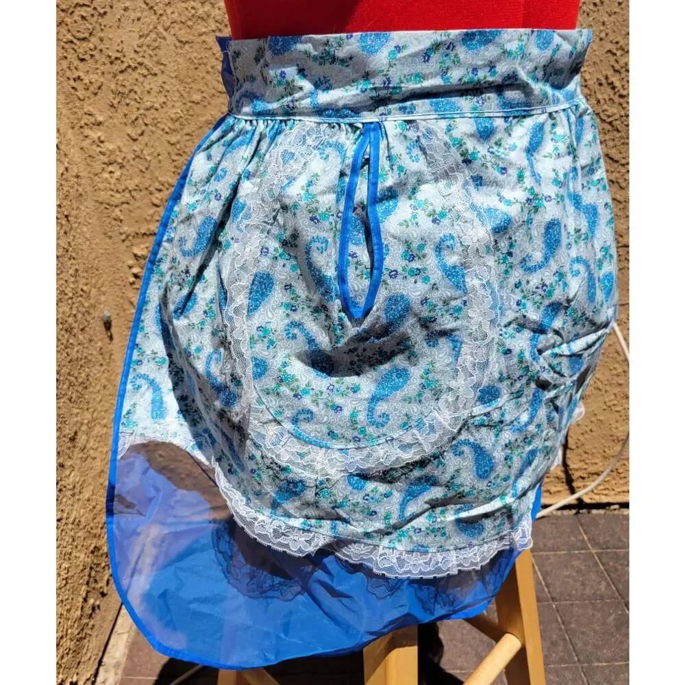 Vintage Reversible Chiffon Cotton Half Apron Blue Paisley Flowers MCM Hostess